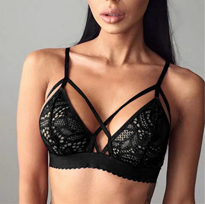 Biustonosz koronkowy bralette z ozdobnymi paskami